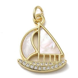 Brass Micro Pave Cubic Zirconia Pendants, with Shell, Sailboat