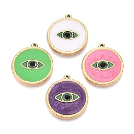 303 acier inoxydable émail pendentifs, breloques plates et rondes avec motif mauvais œil, placage ionique (ip), réel 18 k plaqué or