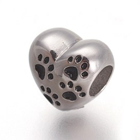 Placage ionique rétro (ip) 316 perles de style européen en acier inoxydable chirurgical, Perles avec un grand trou   , coeur avec des empreintes de patte de chien