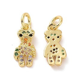 Brass Micro Pave Colorful Cubic Zirconia Charms, with Jump Ring, Bear