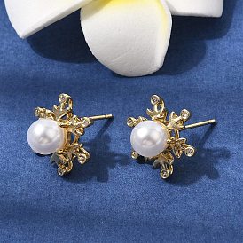Серьга-гвоздик из латуни с кубическим цирконием, снежинка, с пластмассовой жемчужиной abs, долговечный, стойки покрытие, без свинца и без кадмия