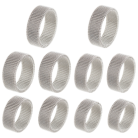 10 Pcs 5 Style 304 Stainless Steel Finger Rings, Wire Mesh Plain Wide Band Setting