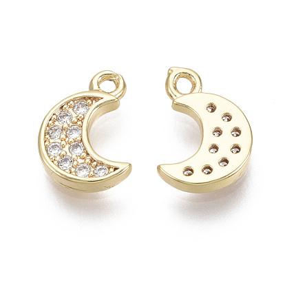 Brass Micro Pave Clear Cubic Zirconia Charms, Nickel Free, Moon