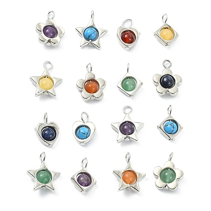28Pcs 28 Styles Natural & Synthetic Mixed Gemstone Pendants, Alloy Star Flower Heart Rhombus Charms, Platinum, Mixed Shapes