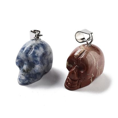 Mixed Gemstone Pendants, Halloween Skull Charms with Platinum Plated Iron Snap on Bails