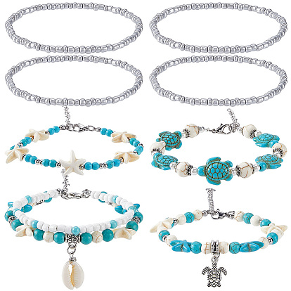 7шт. наборы браслетов из нескольких нитей с ракушками каури, с бирюзовым (крашеным) бисером и стеклянным бисером, Сплавочные овальные бусины тибетского стиля , Карабин-лобстер из цинкового сплава