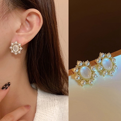 Oval Alloy & Resin Stud Earrings for Women, Imitation Pearl Beads Earrings with 925 Sterling Silver Pins