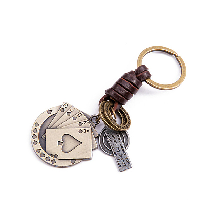 Punk Style Woven Cow Leather Alloy Pendant Keychain, for Car Key Pendant