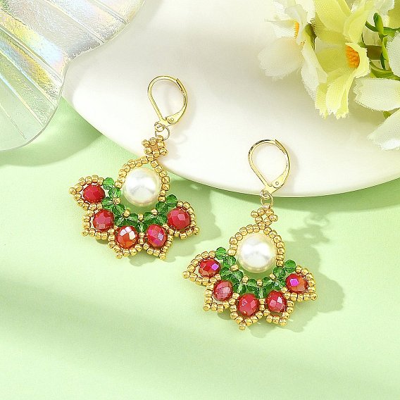 Christmas 304 Stainless Steel with Glass Seed Beads Levreback Earrings, Christmas Leaves, Round Shell Pearl Bead Dangle Earrings