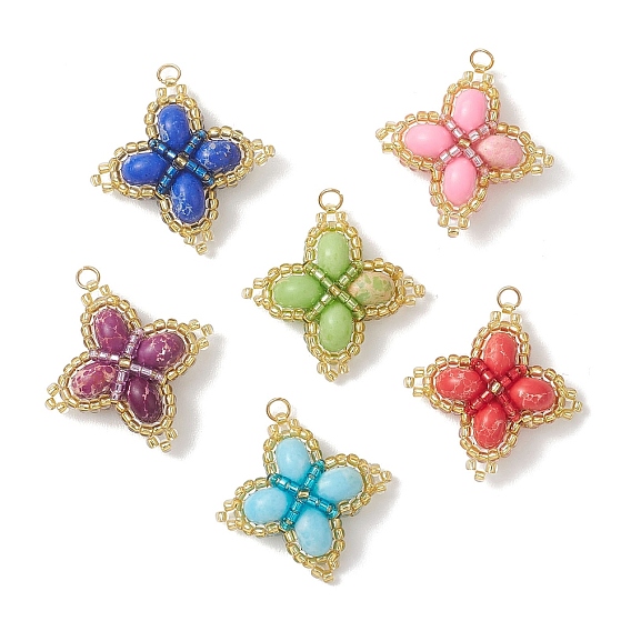 Подвески из стеклянных бусин в виде клевера, с синтетической императорской яшмой и 304 соединительными кольцами из нержавеющей стали