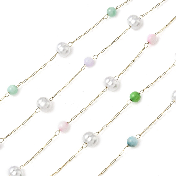 304 кабельные цепи из нержавеющей стали, с ракушкой и имитацией жемчуга из АБС, ионное покрытие (ip), реальный 18 k позолоченный, пайки, с катушкой, круглый с овалом