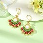 Christmas 304 Stainless Steel with Glass Seed Beads Levreback Earrings, Christmas Leaves, Round Shell Pearl Bead Dangle Earrings