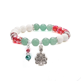 Natural Lava Rock(Dyed) & Green Aventurine Stretch Bracelet, Alloy Tree & Glass Charm Christmas Bracelet for Women