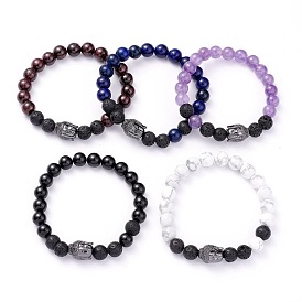 Pierre mélangée naturelle et perles rondes de roche de lave naturelle bracelet extensible de puissance d'énergie pour fille femmes, bracelet tête de bouddha perles laiton, gris anthracite