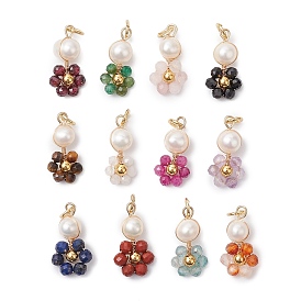 12Pcs 12 Styles Natural Mixed Gemstone Faceted Round Coppwer Wire Wrapped Pendants, Flower Charms with Natural Cultured Freshwater Pearl & Jump Rings, Golden