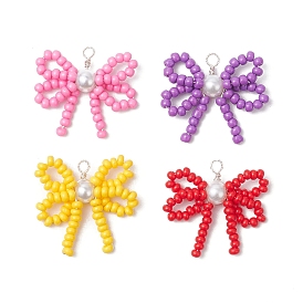 4Pcs 4 Colors Handmade Glass Seed Beaded Pendants, Bowknot Charms with Glass Pearl and Copper Wire Loops, Silver Color Plated