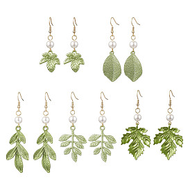 Painting Alloy Dangle Earrings, with 304 Stainless Steel Earring Hooks and Shell Pearl Beads, Leaf