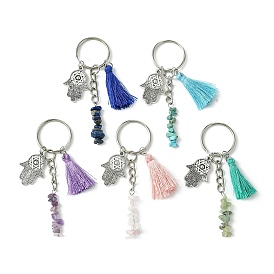 Natural Rose Quartz & Prehnite & Natural Lapis Lazuli & Natural Amethyst  & Natural Howlite Chip Beaded Tassel Pendant Keychain, with Hamsa Hand Alloy Charm