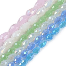 Brins de perles de verre galvanisées de couleur unie opaque, de couleur plaquée ab , facette, larme