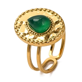 Teardrop Natural Green Onyx Agate Finger Rings, Oval 304 Stainless Steel Cuff Rings for Women Men