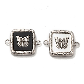 Vacuum Plating 304 Stainless Steel Connector Charms, with Black Acrylic & Shell, Square Links with Butterfly