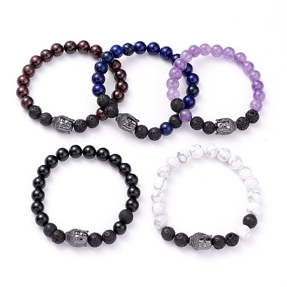Pierre mélangée naturelle et perles rondes de roche de lave naturelle bracelet extensible de puissance d'énergie pour fille femmes, bracelet tête de bouddha perles laiton, gris anthracite