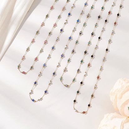 Ожерелье ручной работы из граненых круглых бусин из смешанных драгоценных камней диаметром 3 мм и круглых звеньевых цепочек из нержавеющей стали., с 316 из нержавеющей стали Lobster Claw застежками, золотые