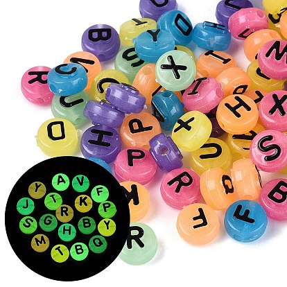 Cuentas acrílicas luminosas, plano redondo con patrón de letras, brillan en la oscuridad