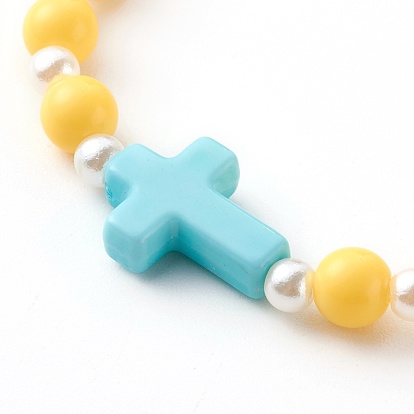 Opaque Acrylic Stretch Beaded Bracelets for Kids, with ABS Plastic Imitation Pearl Beads, Round & Cross