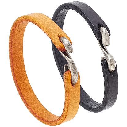 2pcs 2 couleurs ensemble de bracelets en cuir de vachette uni avec fermoir en S en alliage pour hommes et femmes, argent antique