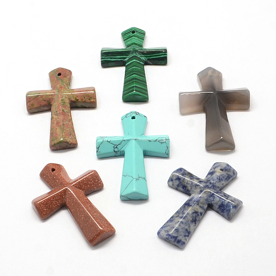 Cross Mixed Stone Pendants, 46x34x8.5mm, Hole: 2mm