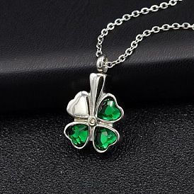 Green Glass Clover Urn Ashes Pendant Necklace, Memorial Alloy Necklace for Men Women
