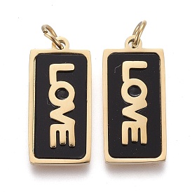 316 Surgical Stainless Steel Pendants, with  Acrylic, Rectangle with Word Love, for Valentine's Day Jewelry, Black