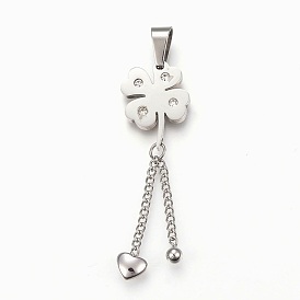 304 Stainless Steel Rhinestone Big Pendants, Clover