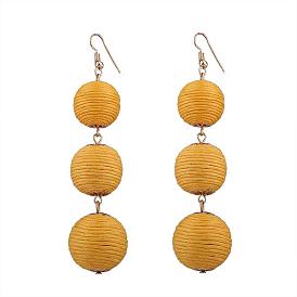 Waxed Cord Ball Dangle Earrings, with Alloy Findings, Golden