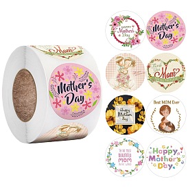 Mother's Day Paper Self-Adhesive Label Stickers Rolls, Dot Round Gift Tag Sealing Sticker, for Party Presents Decoration, Mother's Day Theme Pattern