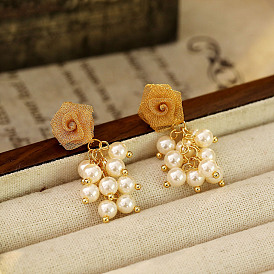 Серьги-гвоздики с цветочным рисунком из латуни и пластика с жемчугом