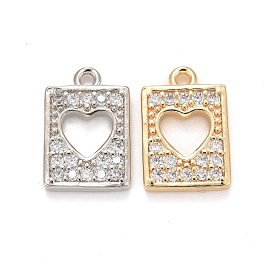 Brass Micro Pave Clear Cubic Zirconia Charms, Lead Free & Cadmium Free, Rectangle with Heart