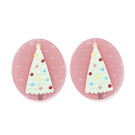 Christmas Theme 3D Printed Resin Pendants, DIY Earring Accessories, Oval with Christmas Tree Pattern, Pink