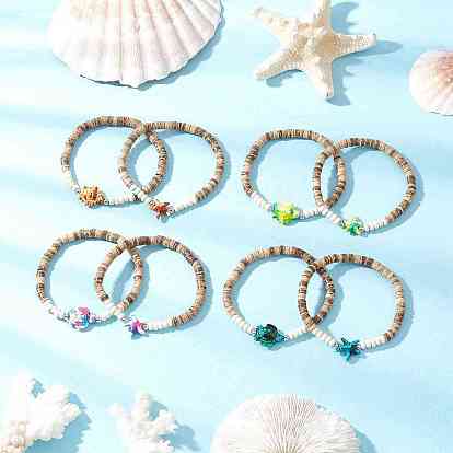 Браслеты из кокосовых бусин с морскими черепахами и морскими звездами, с латунными разделительными бусинами и окрашенными синтетическими бирюзовыми бусинами