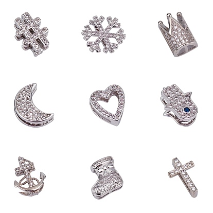 Brass Micro Pave Clear Cubic Zirconia Slide Charms, Long-Lasting Plated, Cadmium Free & Nickel Free & Lead Free, Mixed Shapes