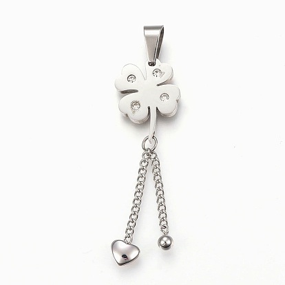 304 Stainless Steel Rhinestone Big Pendants, Clover