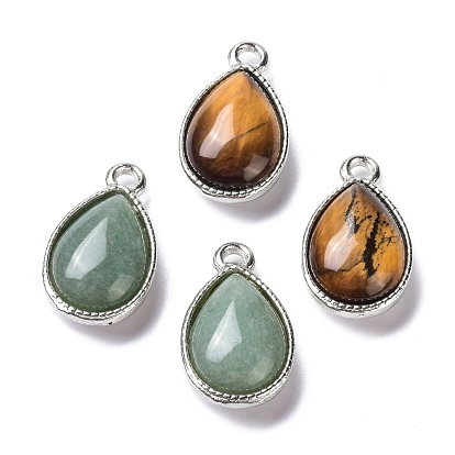Natural Gemstone Pendants, with Platinum Alloy Findings, Teardrop