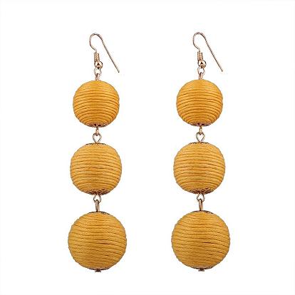 Waxed Cord Ball Dangle Earrings, with Alloy Findings, Golden