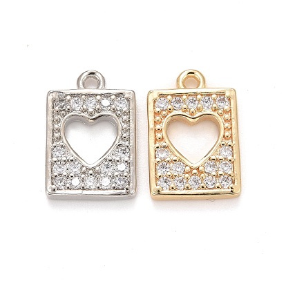 Brass Micro Pave Clear Cubic Zirconia Charms, Lead Free & Cadmium Free, Rectangle with Heart