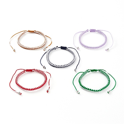 Adjustable Two Tone Nylon Cord Braided Bead Bracelets, with Platinum Plated Brass Round Beads