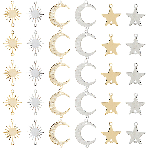 30 шт. 6 стили латунные соединители, долговечный, солнце и луна и звезда