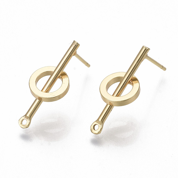 Brass Stud Earring Findings, with Loops, Nickel Free, Bar with Ring