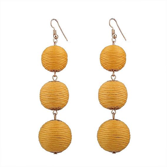 Waxed Cord Ball Dangle Earrings, with Alloy Findings, Golden
