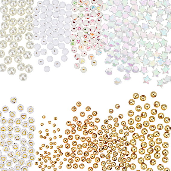 500Pcs 10 Style Real 18K Gold Plated Brass Beads and Acrylic Beads, for DIY Beads Jewelry Making